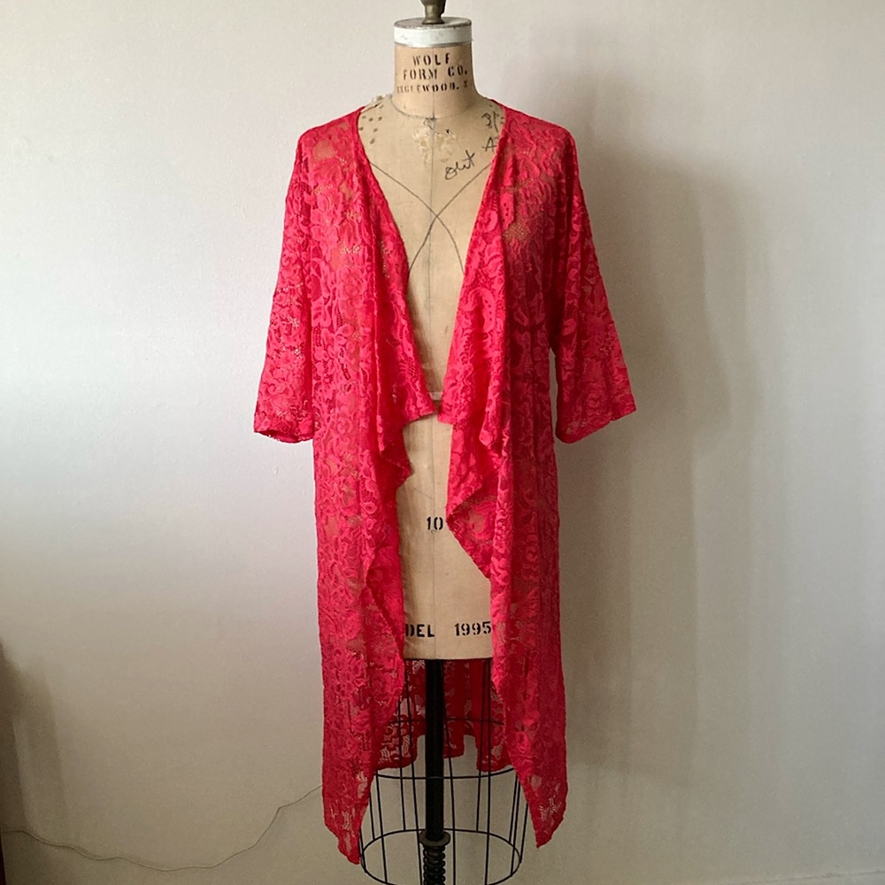 Vibrant pink floral lace cover-up open front kimono Valentine’s Day OSFA resort